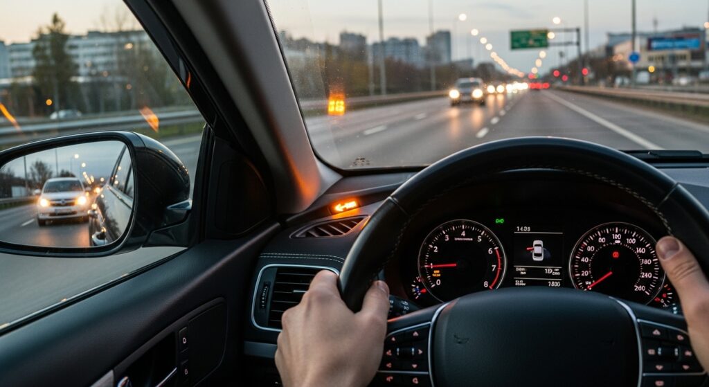 サイドミラーで後続車を確認しながら車線変更のタイミングを探っているドライバー視点