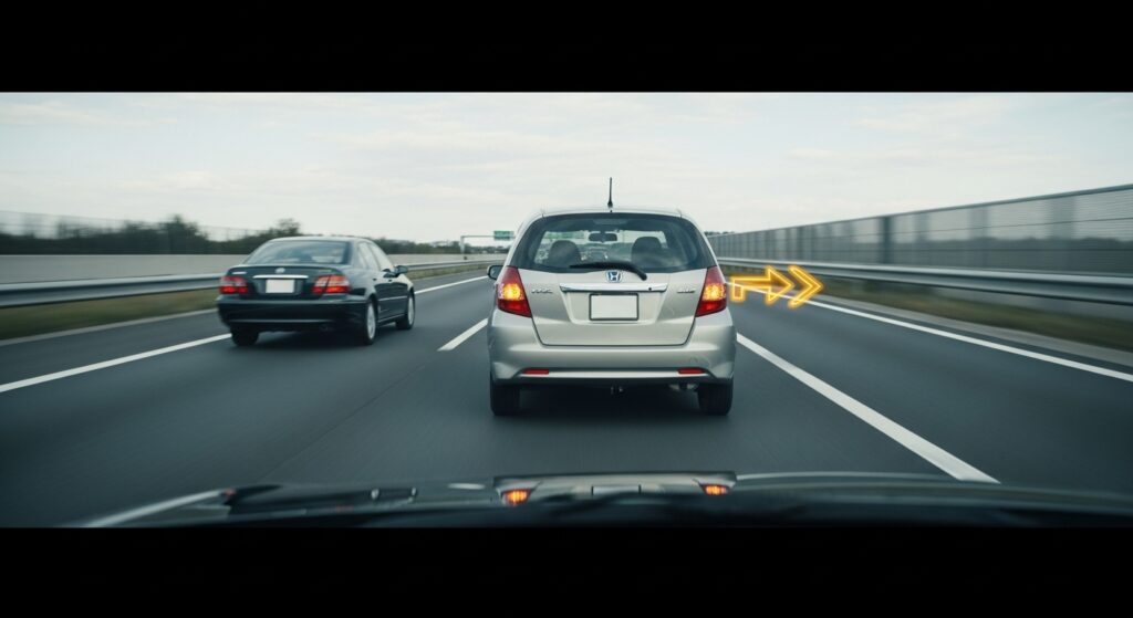 高速道路で車線変更のためウインカーを出している車。後続車との距離とタイミングを確認している場面。