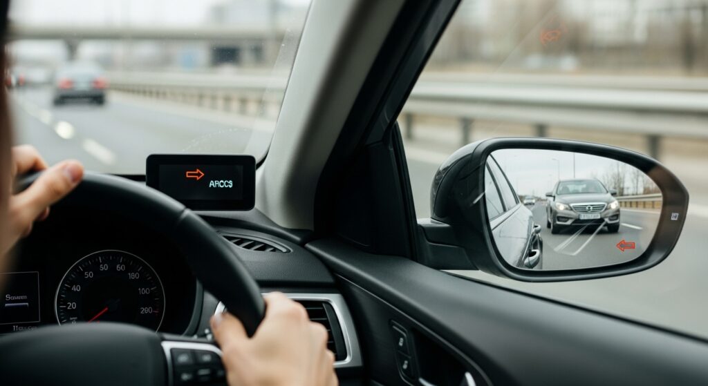 サイドミラーで後続車との距離を確認しながら車線変更のタイミングを判断しているドライバー視点