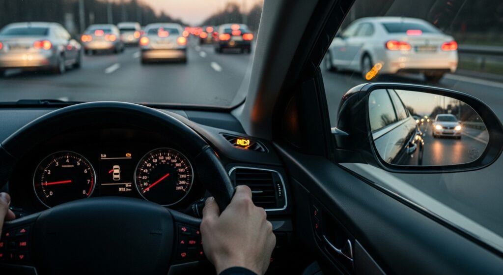 渋滞気味の道路で車線変更をためらい、ミラーで後続車を確認しているドライバー視点