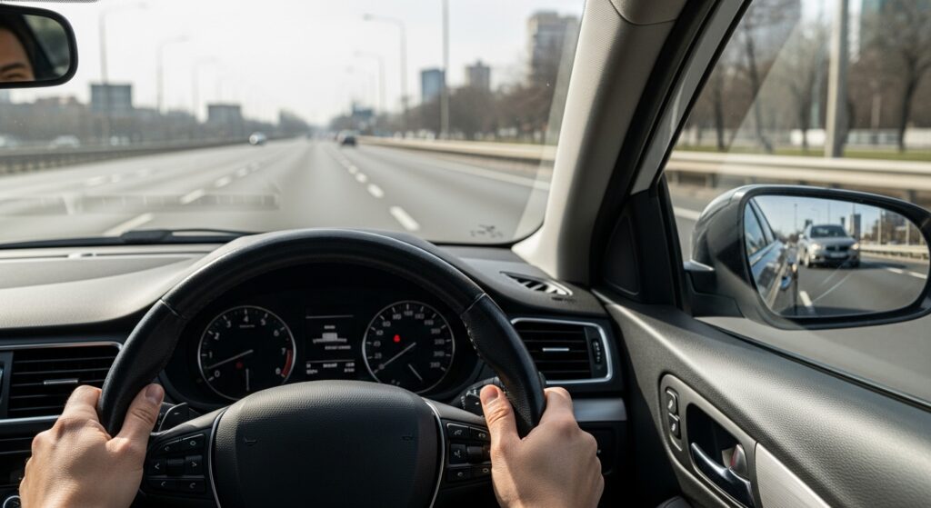 道路状況とサイドミラーを確認しながら車線変更のタイミングを判断しているドライバー視点