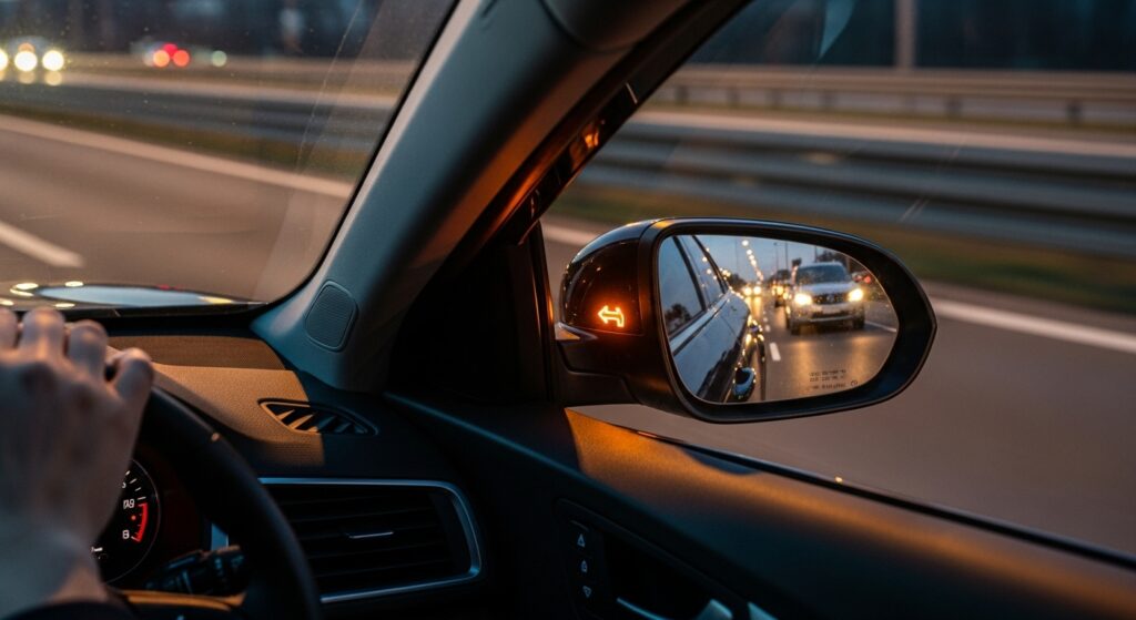 夜間の道路でサイドミラーを確認しながら車線変更のタイミングを判断しているドライバー視点