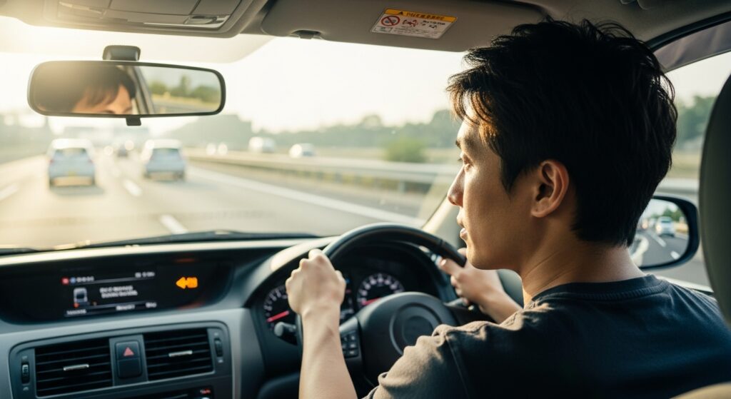 幹線道路で車線変更のタイミングを見極めるために前方とミラーを確認しているドライバー