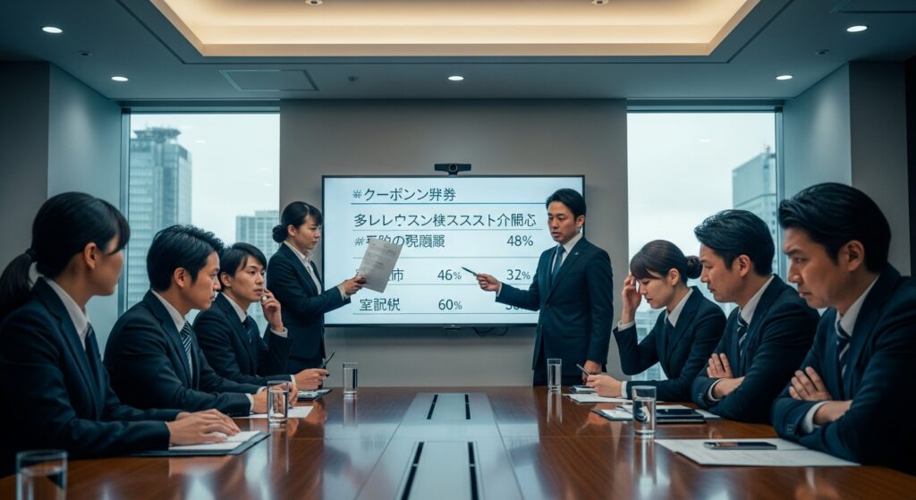 会議室でスーツ姿の日本人ビジネスパーソンが、回数制の講習やクーポンモデルに関する資料を前に議論している様子。