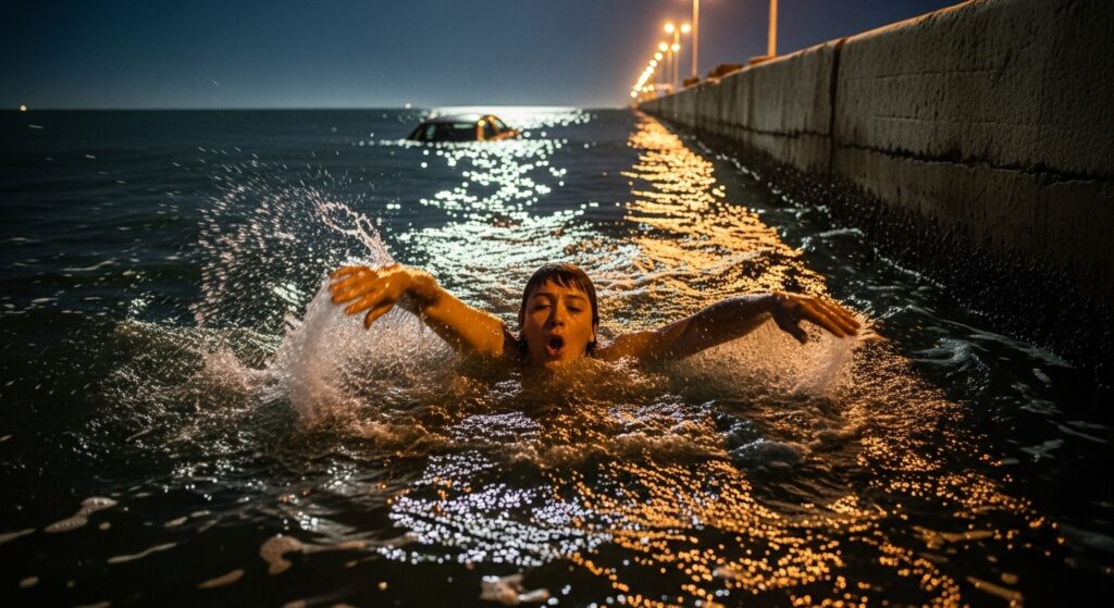 夜の海で、車から脱出した男性が岸壁に向かって必死に泳いでいる。背後には沈みかけた車が見える。