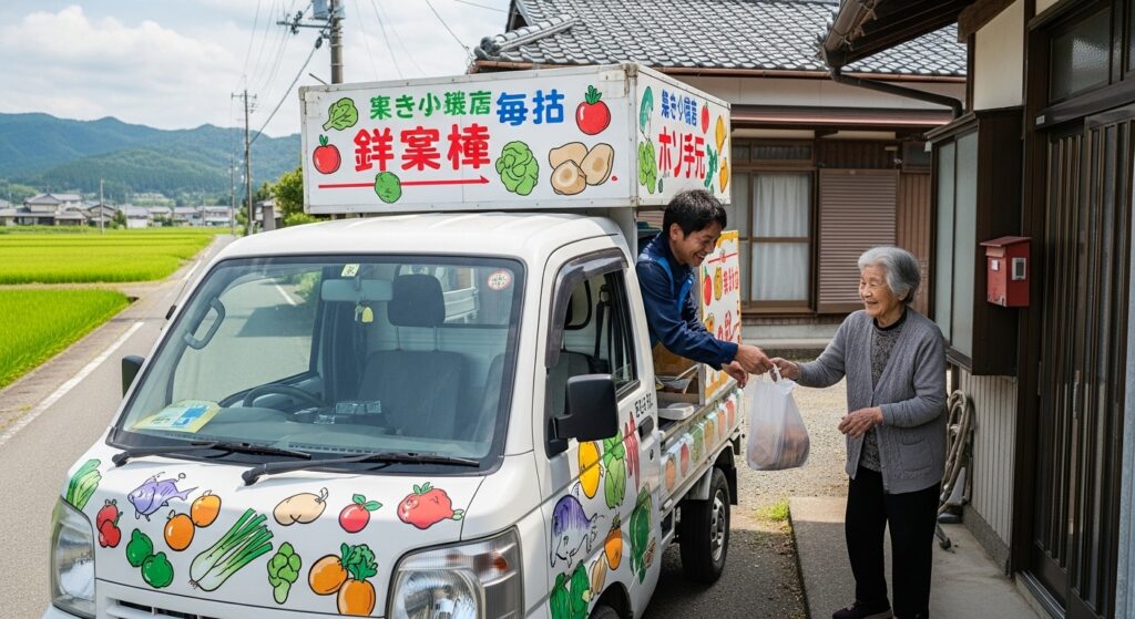 田園地域で移動販売車のスタッフが高齢者に商品を手渡している様子