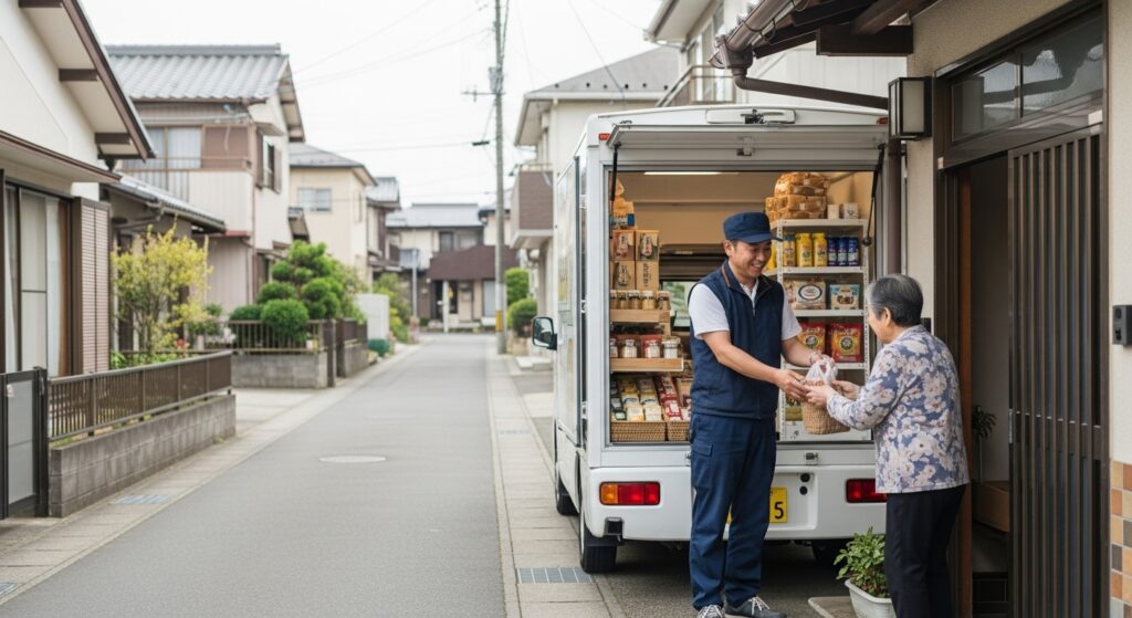 住宅街で移動販売車から高齢者に商品を手渡す男性スタッフ