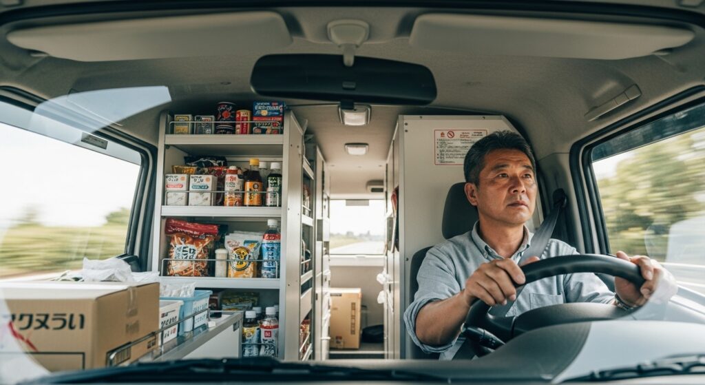 移動販売車を運転しながら商品の棚を積んで走る男性