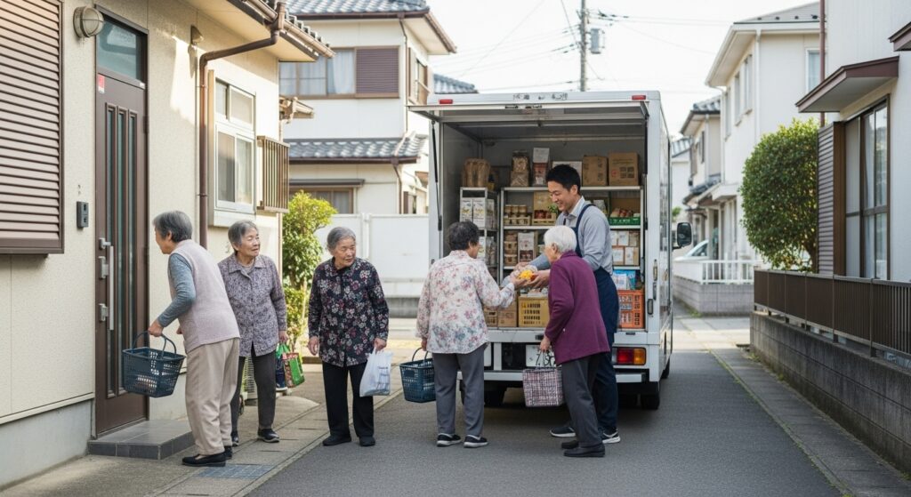 住宅街で移動販売車に集まり買い物をする高齢者たち
