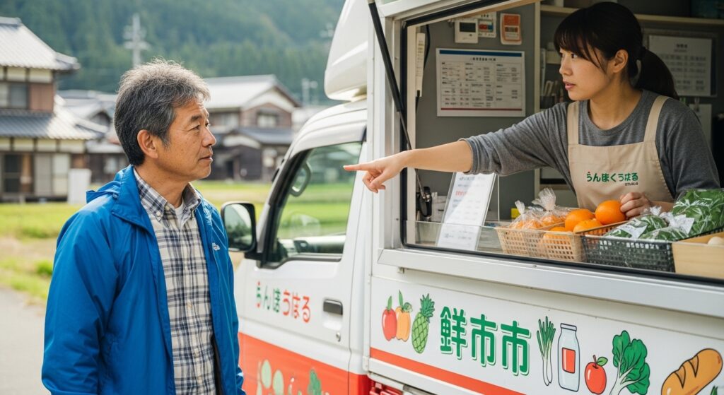 移動販売車で女性スタッフから商品説明を受ける男性