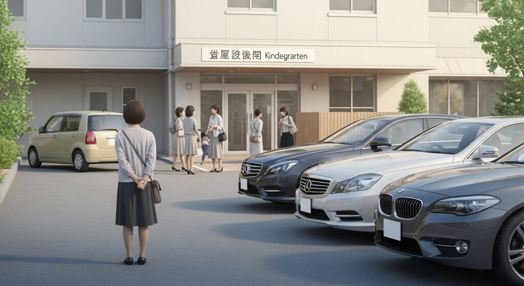 幼稚園の駐車場で高級車を見つめる女性。ベンツやBMWが並ぶ中、自分の小さな車を見つめながら心が揺れている様子。