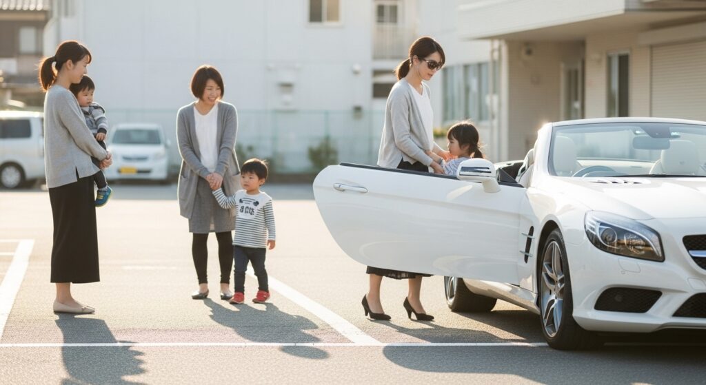 朝の保育園送迎シーン。白いベンツで子どもを降ろす母親と、それを見守るママ友たち。
