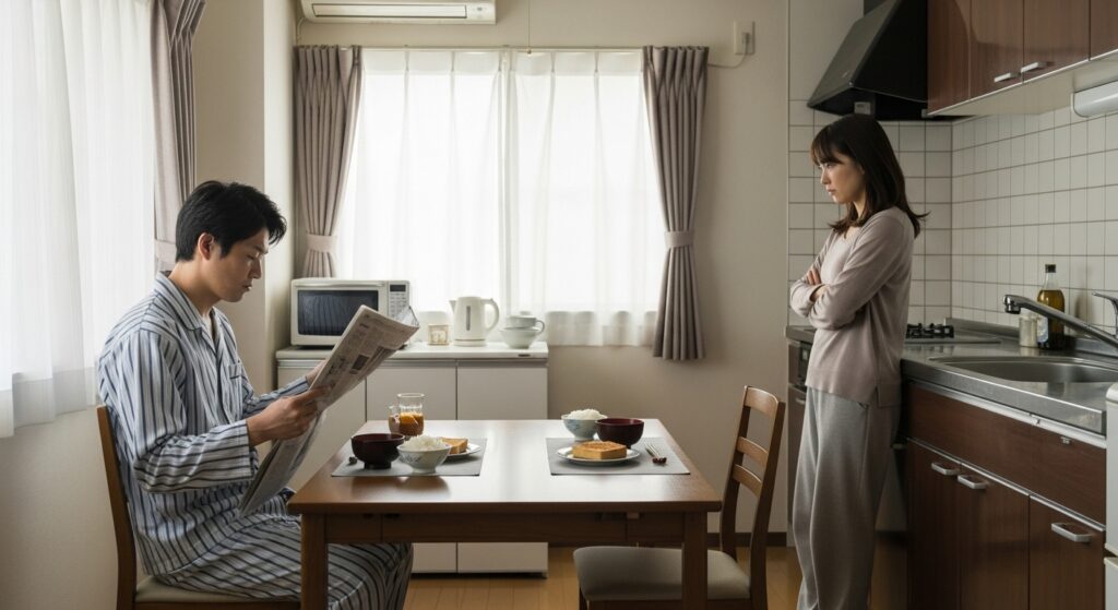 朝の食卓で新聞を読む夫と、腕を組んで立つ妻。夫婦間のすれ違いや不満を感じさせるシーン