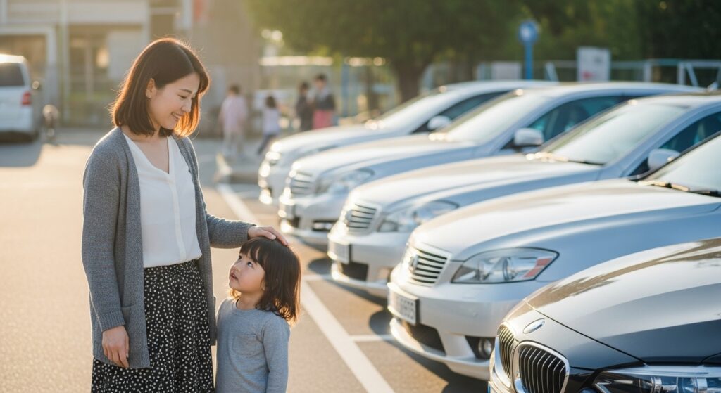 幼稚園の駐車場で娘の頭を優しくなでる母親。高級車が並ぶ中、穏やかな笑顔で自分の暮らしを見つめ直している様子。