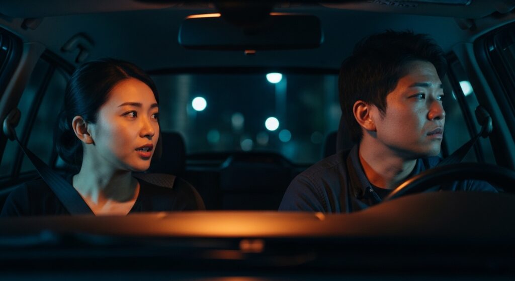 夜の車内で女性に「運転苦手なの？」と指摘され、表情を曇らせる男性のシーン