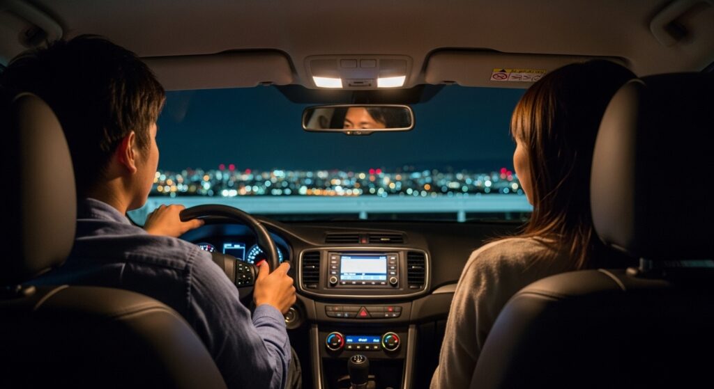 夜景を眺めながら落ち着いた雰囲気で運転する日本人男性と、安心して同乗する女性。シーンごとのふるまいが安心感と好印象を生む、モテる運転術を象徴する場面。