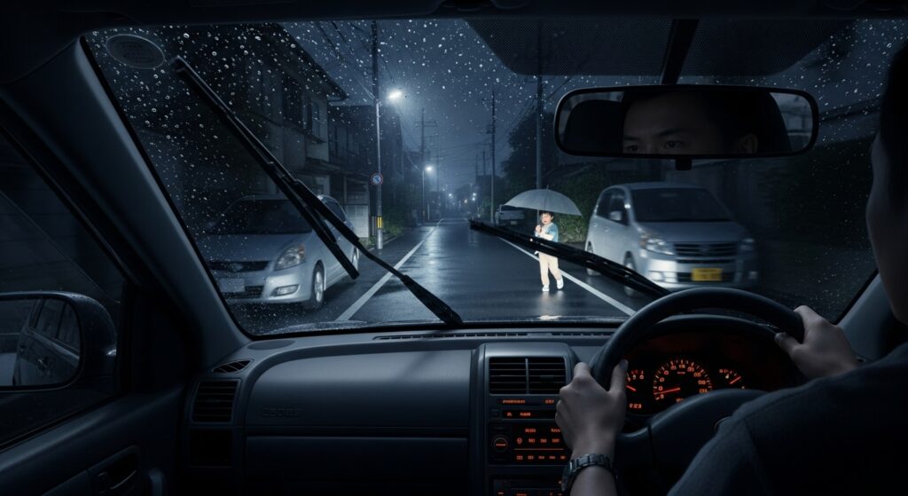 雨の夜の生活道路を走る車の車内視点で、ヘッドライトに照らされた子どもが横断しようとしている様子。視界が悪く、慎重な運転が求められる状況を示している。