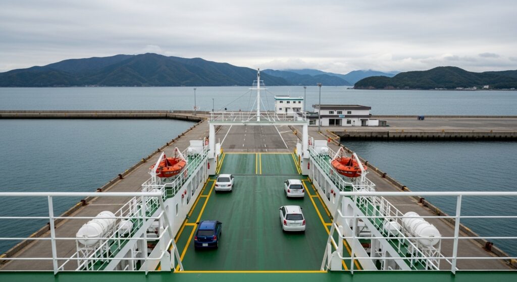 新潟〜佐渡航路のフェリー車両デッキ。広々としたスペースに車が整然と並び、初心者でも安心して利用できる様子が伝わる。