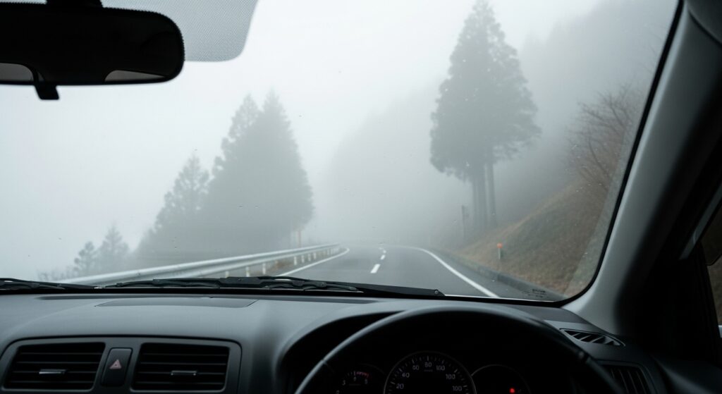 濃霧の中を走る山道を車内から撮影した様子。前方の視界が白くかすみ、道路と杉林が霧に包まれている。