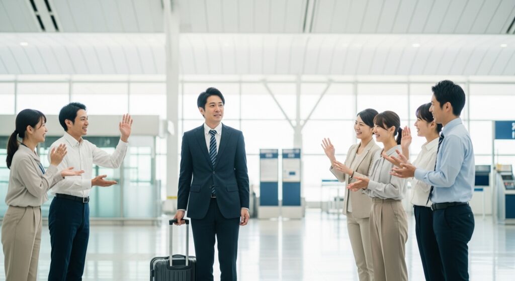 空港で同僚に見送られながら海外赴任に向かう男性社員。渡航前の不安や現地での運転環境への課題をイメージしたシーン。