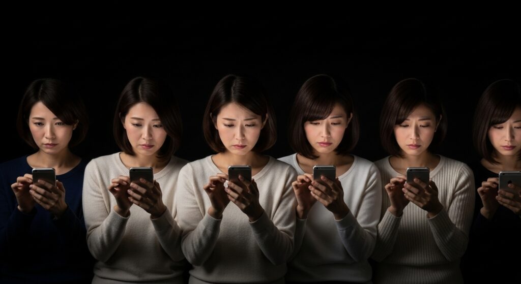 暗い背景の中、複数の女性がスマホを見つめる姿。ペーパードライバー講習の予約をためらいながらも、勇気を出そうとしている様子。