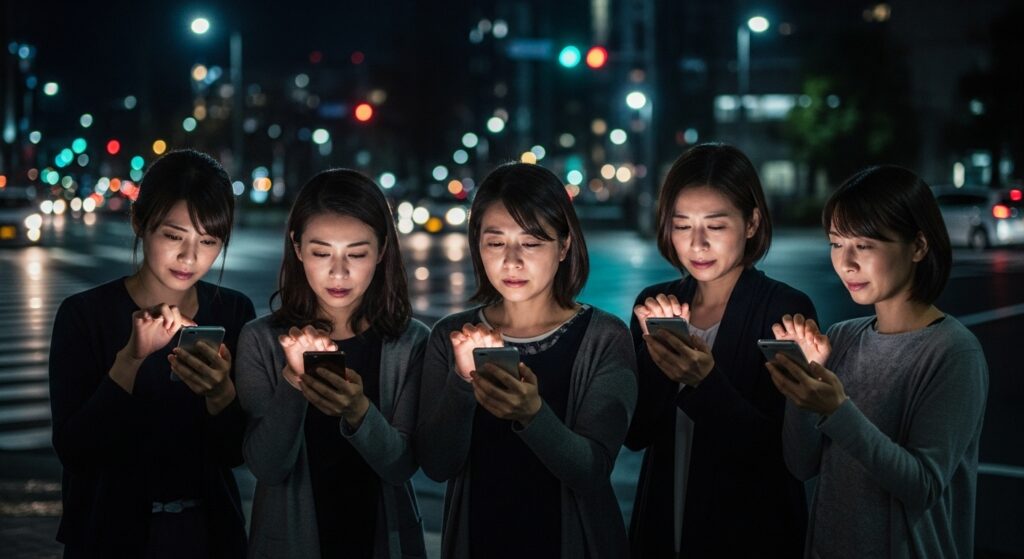 夜の交差点でスマホを見つめる5人の女性。ペーパードライバー講習の予約ボタンを前に、勇気を出そうとしている姿。