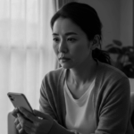 スマホを見つめる女性のモノクロ写真。ペーパードライバー講習の予約ボタンを押す前の葛藤と決意の瞬間を表している。