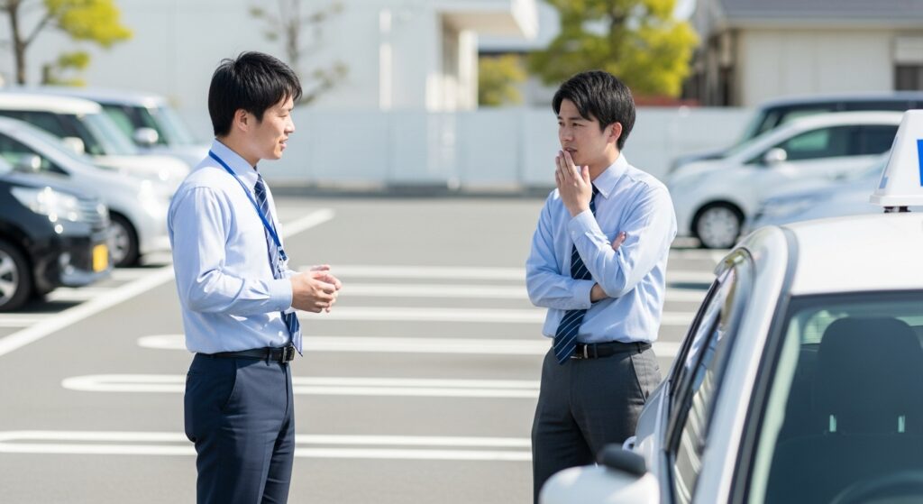 駐車場でインストラクターに運転の不安を相談する若手社員。