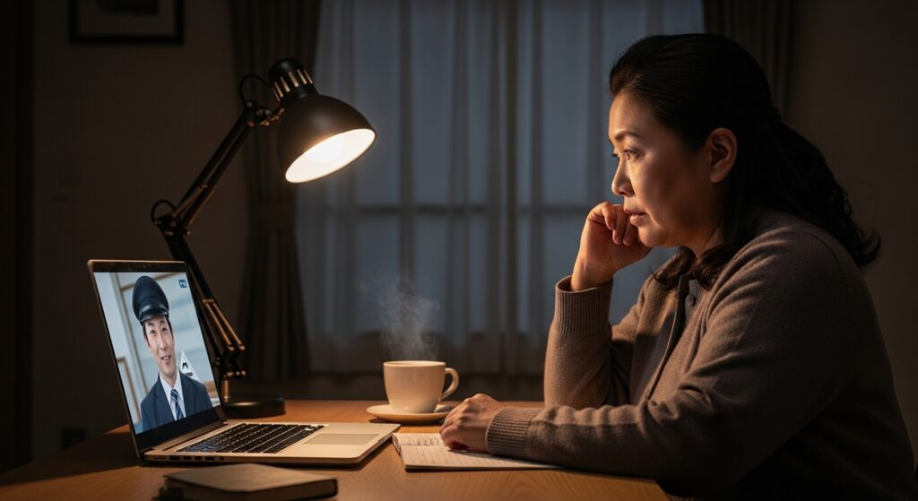 夜の自宅でインストラクターとオンライン相談を行い、運転への不安を丁寧に整理している女性の様子。