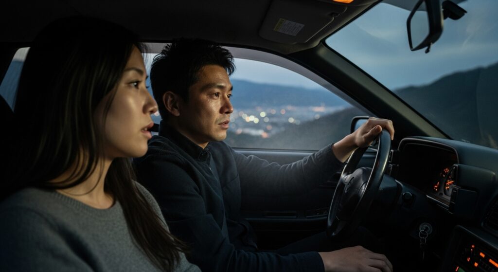 夕方の山道を走る車内で、運転に緊張しながら前を見つめる男性と、不安そうな表情の女性のシーン