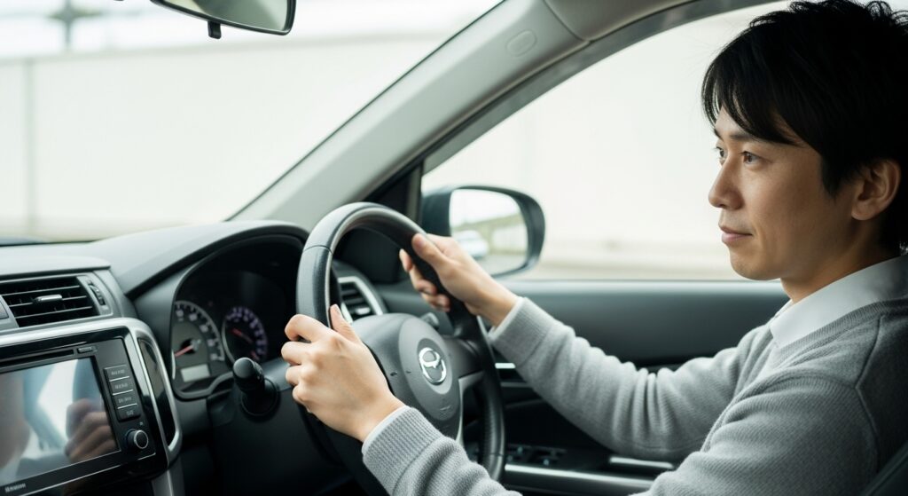 ブランク期間が長くなり運転の発進に緊張が戻ってしまった男性ドライバーの様子。講習直後はできていた操作が不安に感じられる場面。