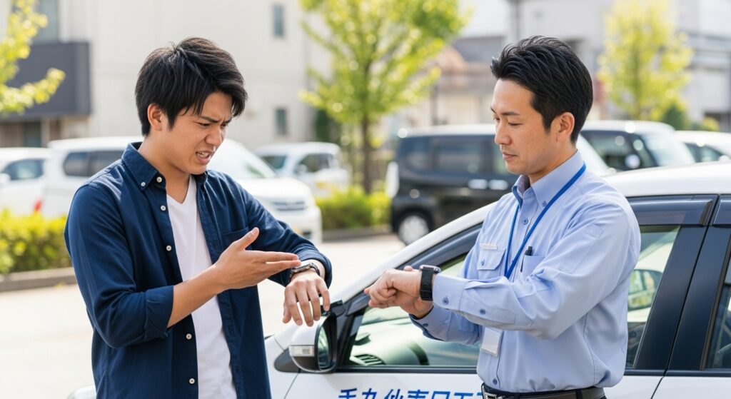 激安ペーパードライバー講習の50分枠が短すぎると感じている受講者と、時間を確認するインストラクターの様子。実質の練習時間が少ない問題を示すシーン。