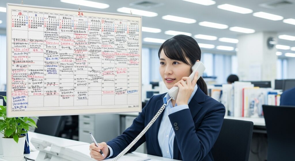 激安ペーパードライバー講習の予約状況を確認する女性スタッフ。カレンダーは全日満席で、予約が