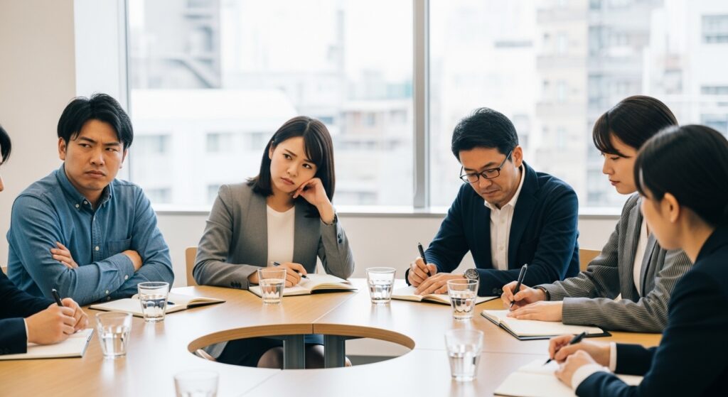 激安ペーパードライバー講習を受けた利用者が期待と現実のギャップに不満を感じている様子。会議室で複数人が困惑した表情で話し合っているシーン。