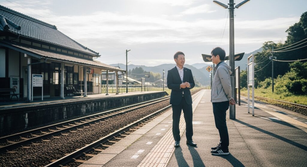 激安ペーパードライバー講習の構造的な限界を象徴するように、地方の無人駅で講師と受講者が待ち合わせている様子。安さを維持する仕組みが個別ニーズに対応しにくい状況を示すシーン。