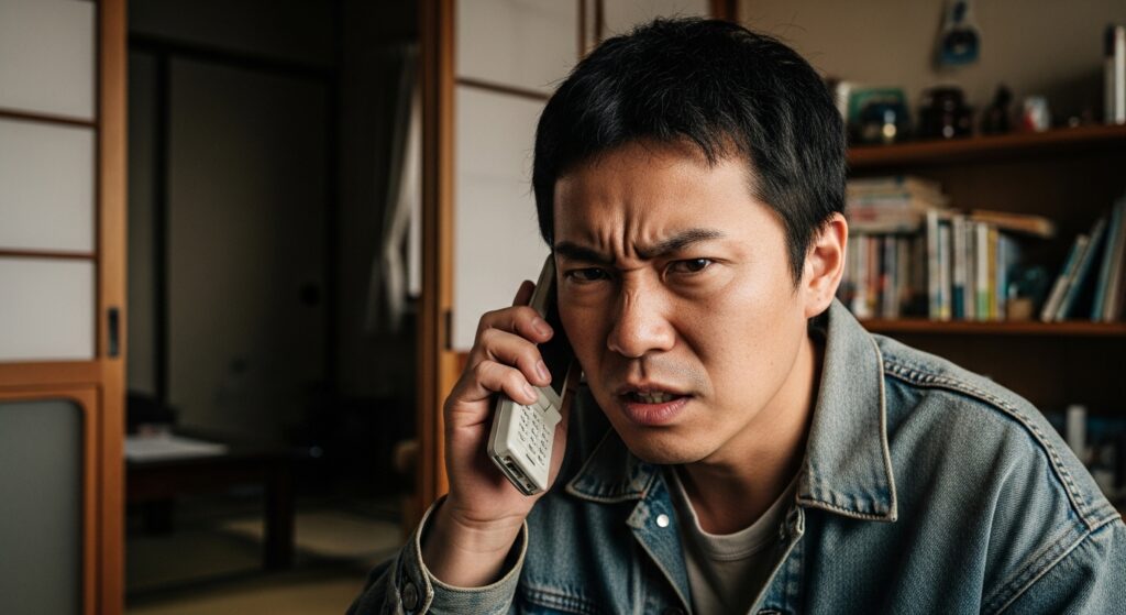 激安ペーパードライバー講習に不満を感じて電話で問い合わせている日本人男性の様子。講習予約トラブルをイメージしたシーン。