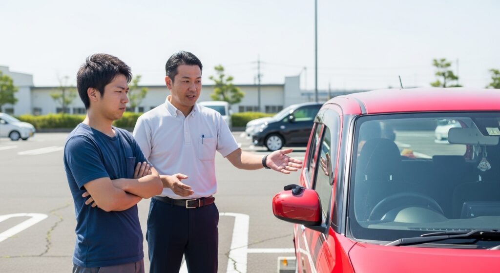 激安ペーパードライバー講習が満席と言われ、通常コースを案内されている場面。インストラクターが受講者に車の説明をしている様子。