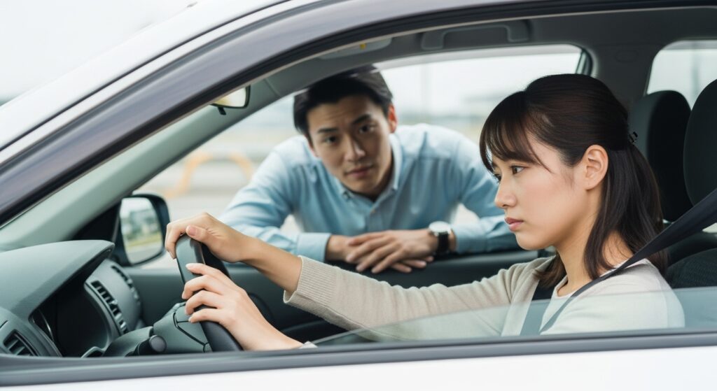 緊張しながら運転練習をしている女性と、車外から優しく指導するインストラクターの様子。集中力が落ちやすいペーパードライバーの状況を示すシーン。