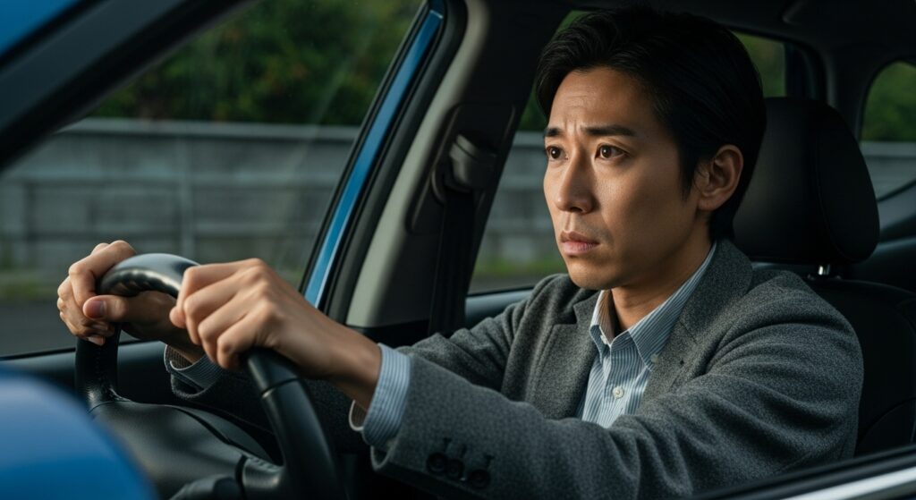 運転中に強い不安を抱えたままハンドルを握る男性ドライバー。運転していても恐怖が積み重なり自信が育たない状態を表した場面。