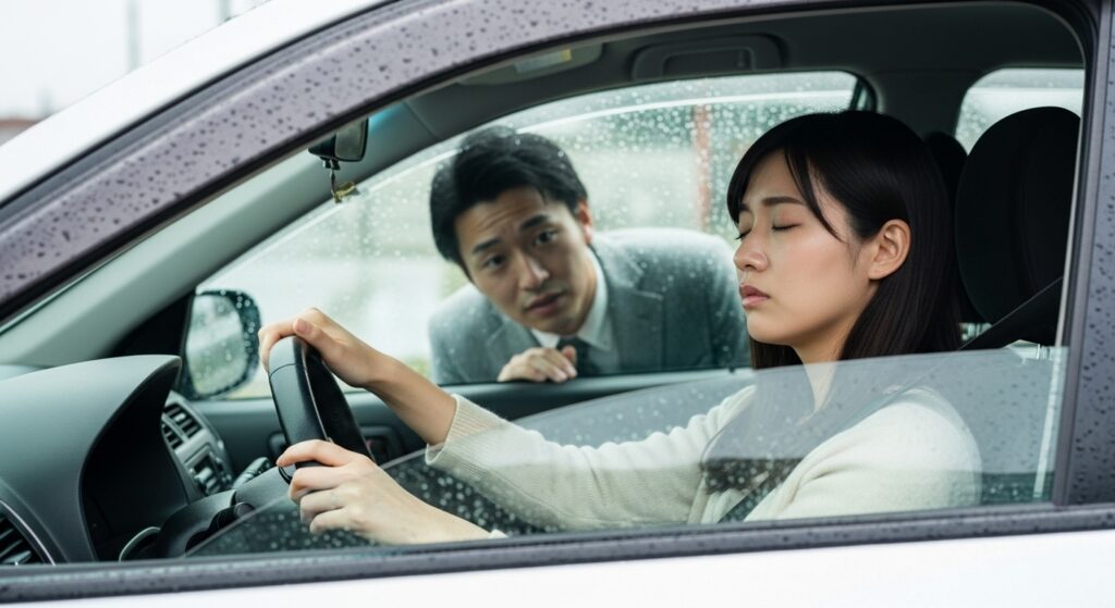 雨の日に運転練習中の女性が疲れて目を閉じ、車外からインストラクターが心配そうに様子を確認している場面。