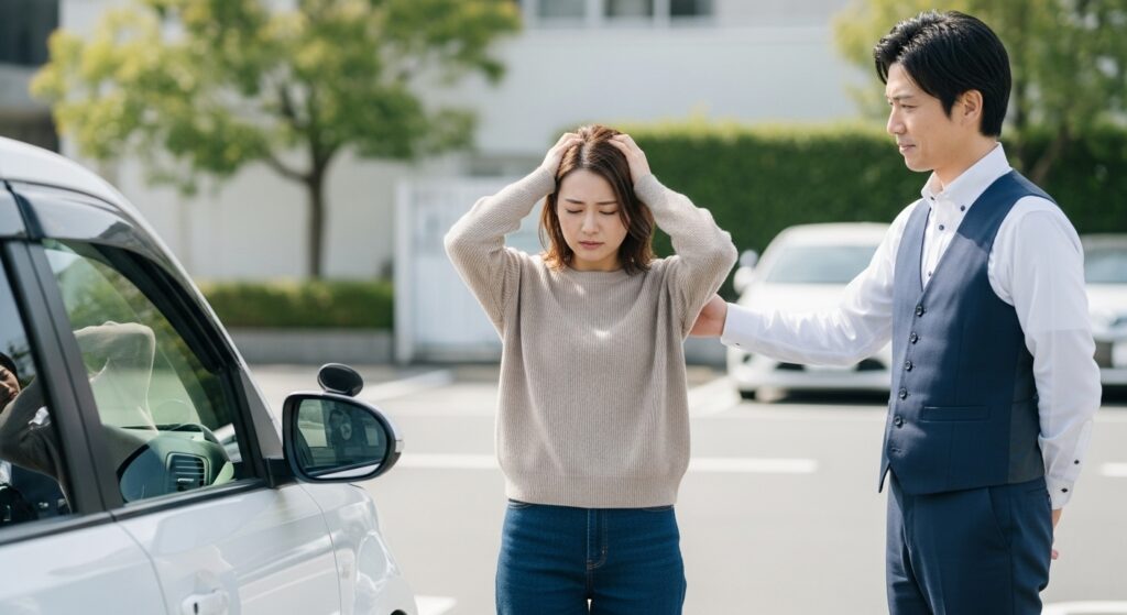 駐車場で運転に不安を感じて頭を抱える女性と、そばで落ち着いてサポートするインストラクターの様子。運転の恐怖や感情的な不安を表現した場面。