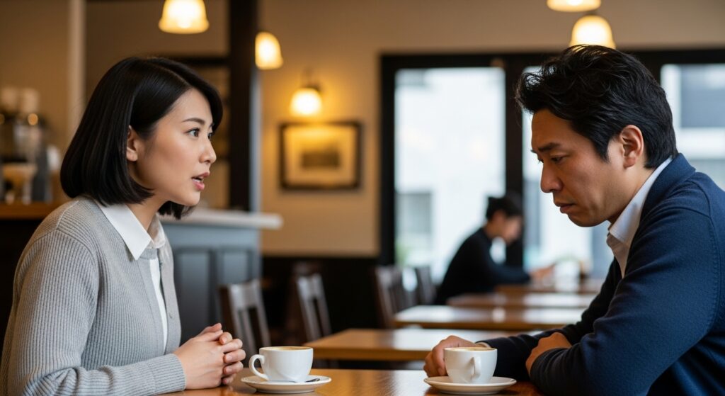 カフェで女性に「運転苦手なの？」と指摘され、傷ついた表情でうつむく男性のシーン