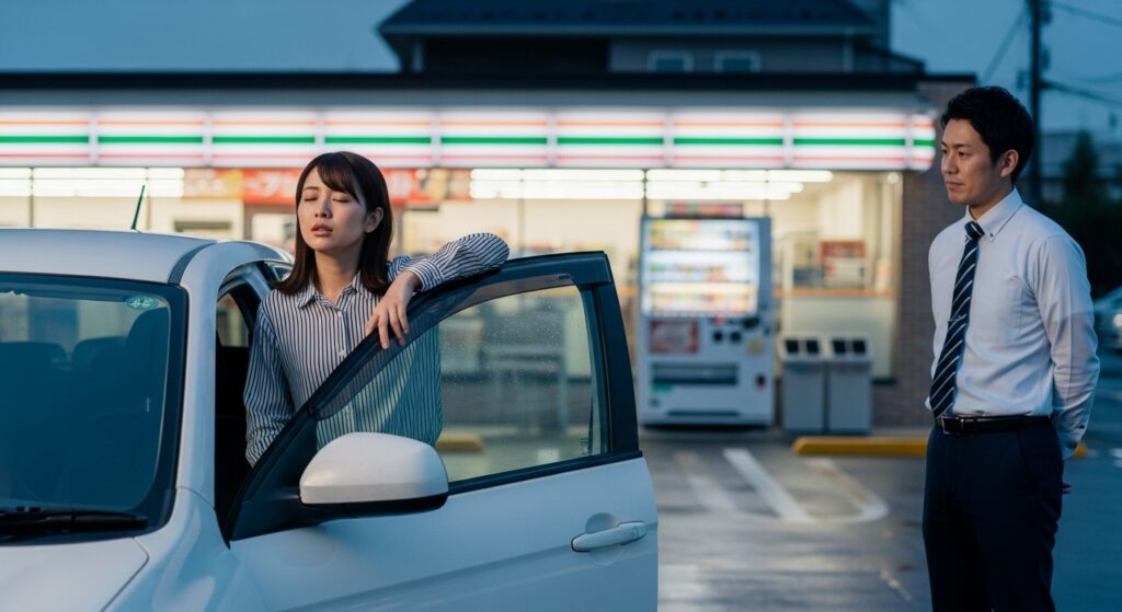 コンビニの駐車場で、疲れた様子で車から降りて深呼吸する女性と、その様子を少し離れて見守るインストラクターの姿。