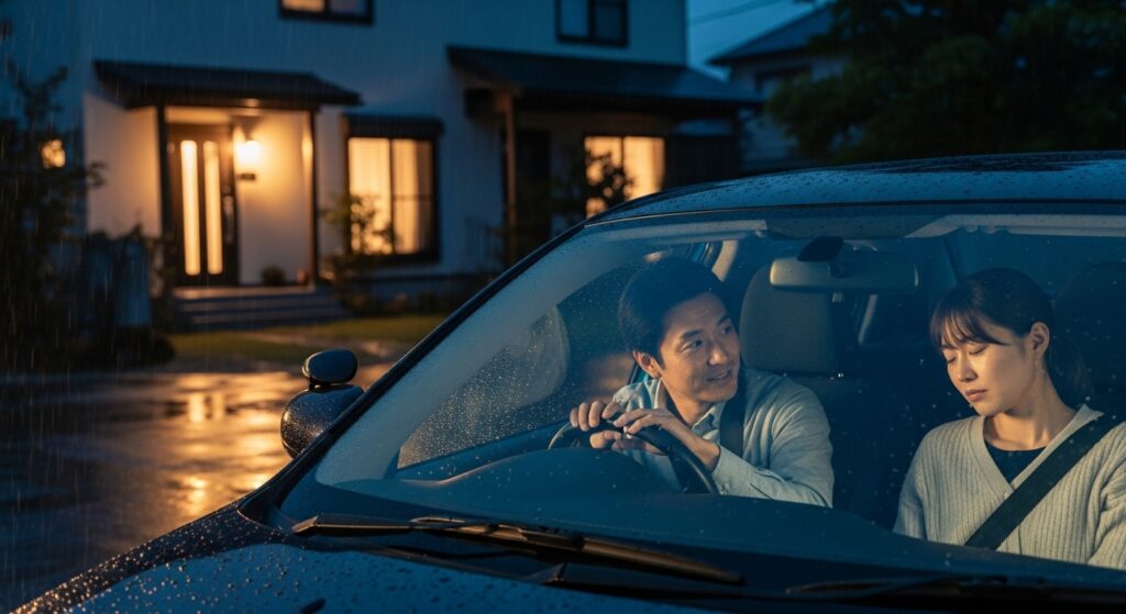 雨の夜に自宅前で休む女性と見守るインストラクター 雨の夜、自宅前で車を停め、疲れた様子の女性をインストラクターが穏やかに見守っているシーン。