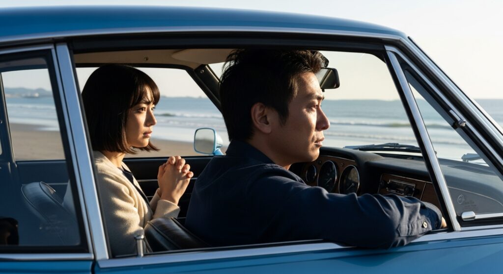 海辺に停めた車内で、運転への不安を抱え沈んだ表情を見せる男性と、不安そうに見つめる女性のシーン