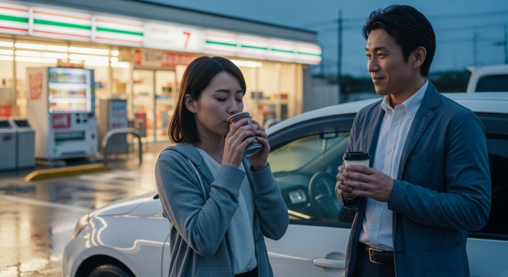 コンビニの駐車場で、温かい飲み物を飲んで疲れを癒す女性と、その様子を見守るインストラクターの姿。