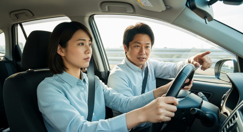 高速道路で指導を受けながら運転する女性ドライバー 高速道路を走行しながら、インストラクターの指示を受けて真剣に運転する女性ドライバーの様子。