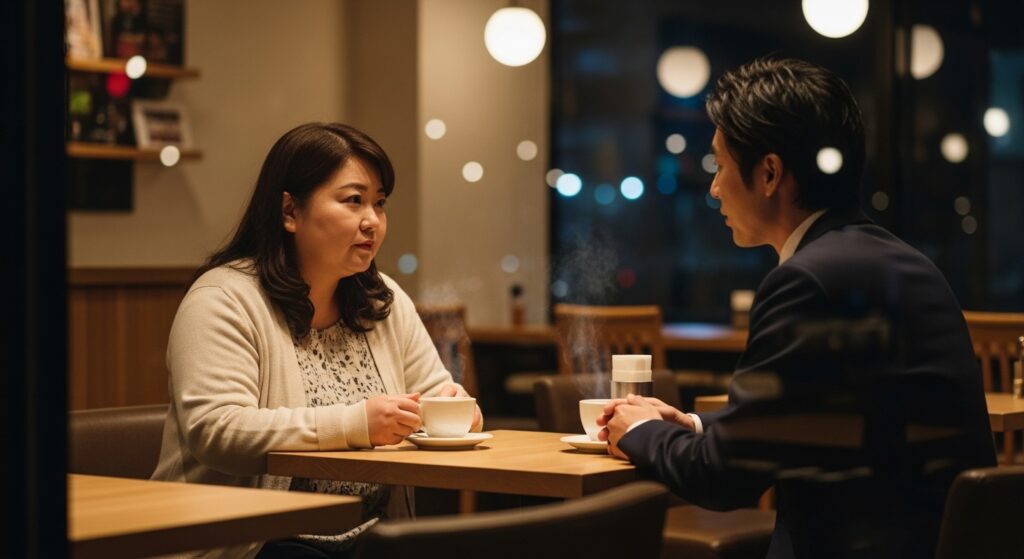 夜のカフェでインストラクターと向き合い、運転への不安や悩みを相談する女性。個別相談会で心を整える対話を行う様子。