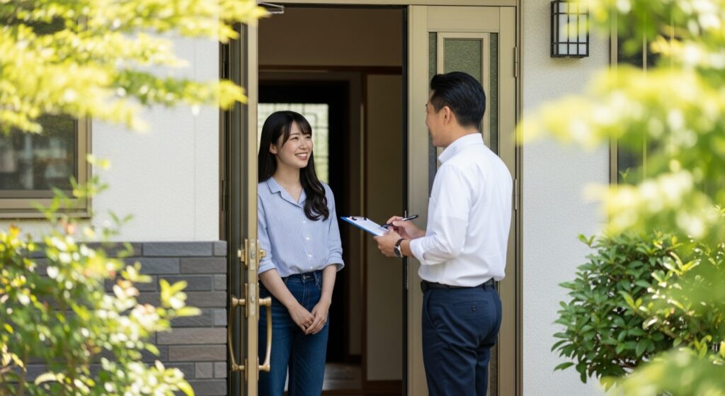 ペーパードライバー講習を自分に合う形で選ぶために、自宅で講師と相談している女性の様子。目的に合わせて講習を選ぶ重要性を示すシーン。