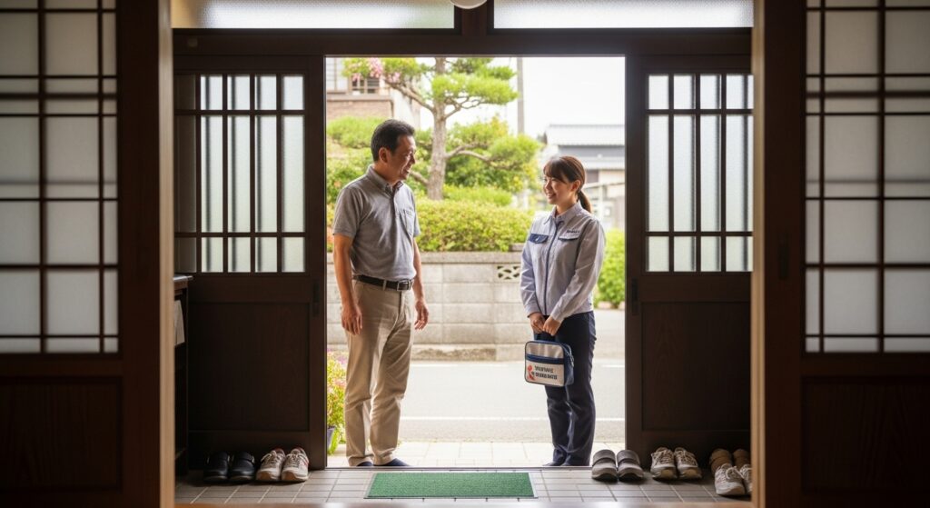 自宅の玄関先でペーパードライバー講習のインストラクターと挨拶する男性